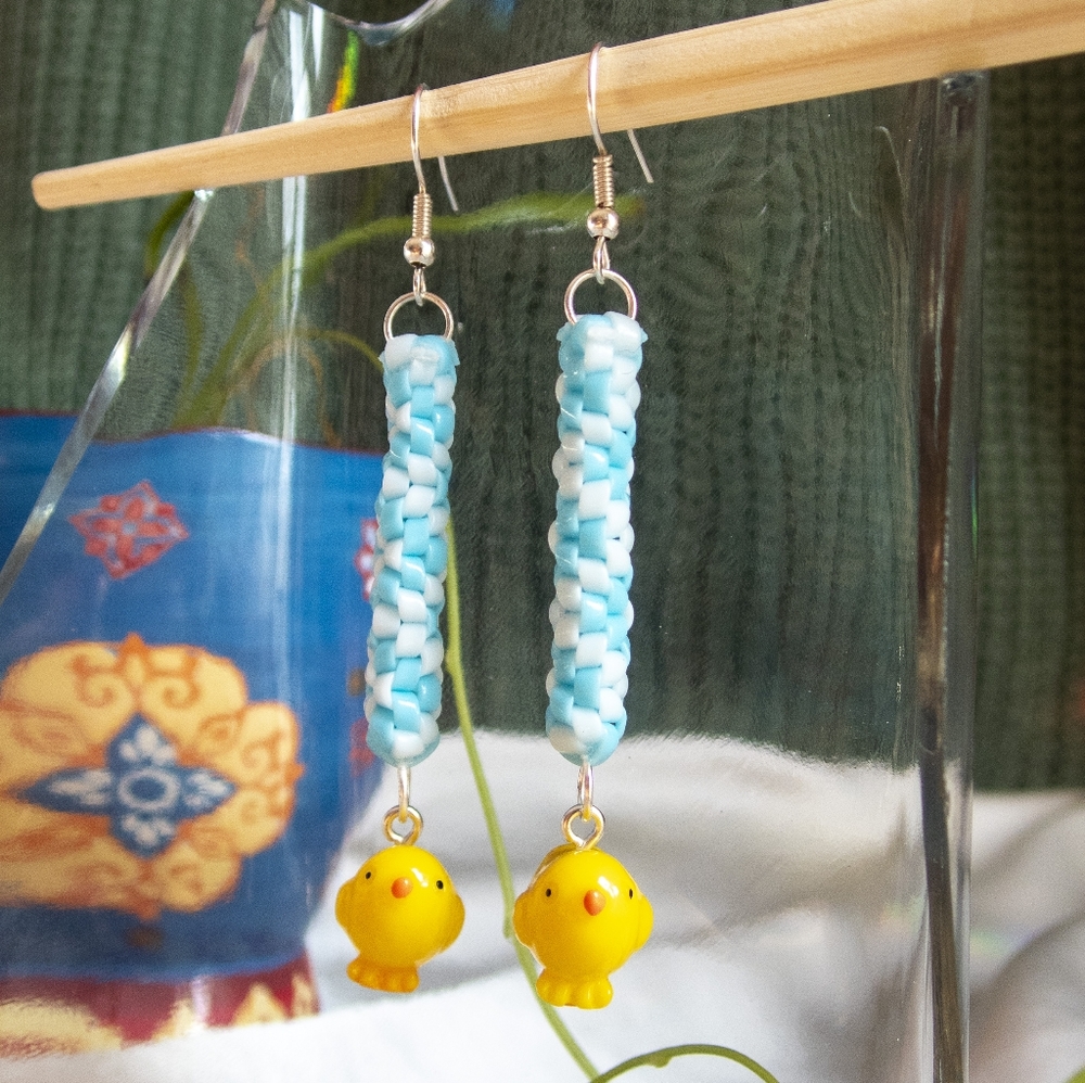 Blue White Zigzags w Chick Charms - Handmade Lanyard / Scoobidou Earrings
